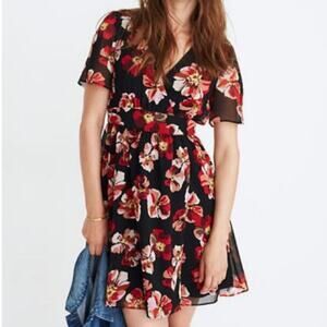 Madewell NWT Floral Mini Dress Short Sleeve V-Neck A-Line Black Red Size 4